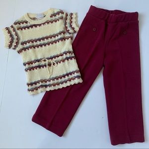 Cream Burgundy Short Sweater Matching Burgundy Knit Pants Size Size 4/5